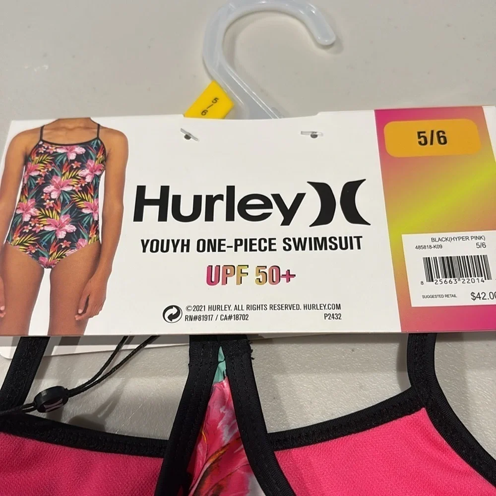 Hurley - Girls One Piece Bathing Swim Suit. Razor Back. UPF 50. Size 5/6. NWT